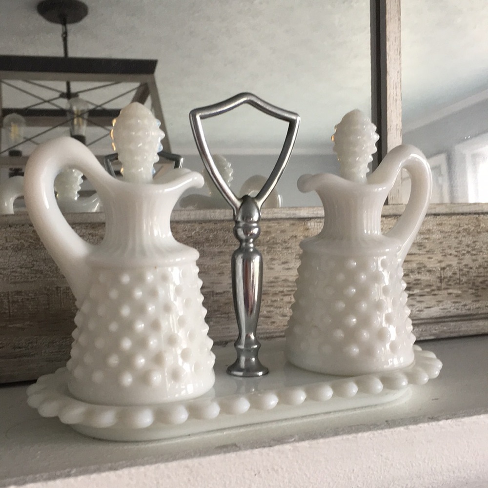 Vintage Fenton Milk Glass Hobnail Cruets and Tray